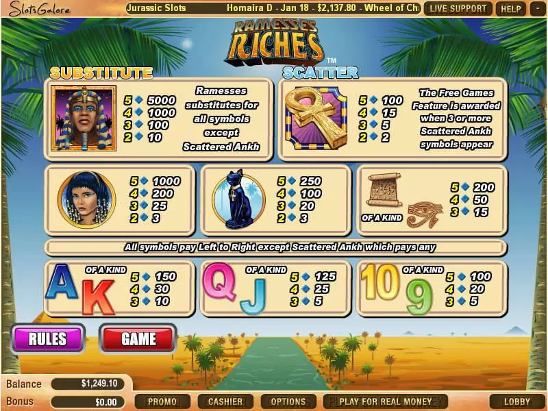 Ramesses Riches Slots WGS Technology Free Spins