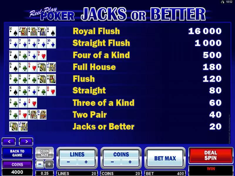 Reel Play Poker - Jacks or Better Slots Microgaming 