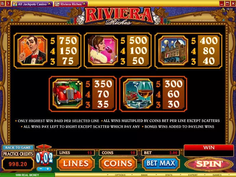 Riviera Riches Slots Microgaming Free Spins