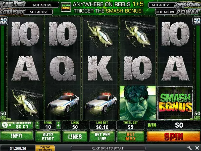 The Incredible Hulk 50 Line Slots PlayTech Jackpot bonus game